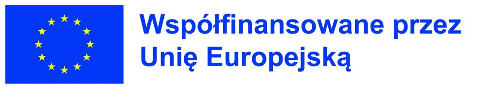 Grafika z lewej stronu zawiera flagę Unii Europejskiej z prawej niebieski napis" Współfinansowane przez Unię Europejską.