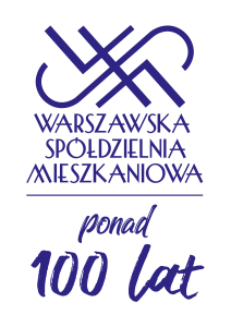 Logotyp: na białym tle fantazyjnie ułożone kobaltowe inicjały WSM, pod spodem napis: Warszawska Spółdzielnia Mieszkaniowa, pod nim pozioma linia, pod nią napis ponad 100 lat