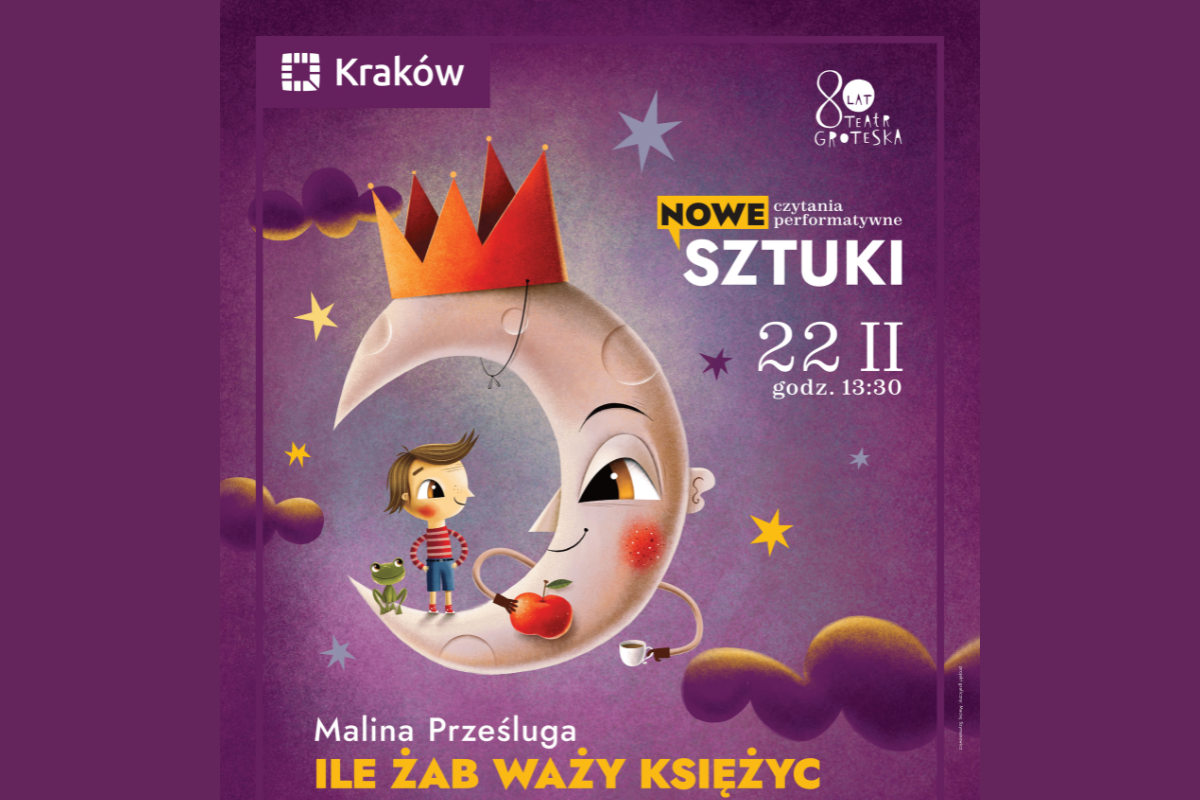 Grafika: księżyc w koronie i siedzący na nim chłopiec z żabą.