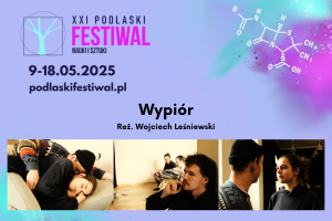 Lawendowa grafika festiwalowa z nałożonymi zdjęciami do spektaklu Wypiór.