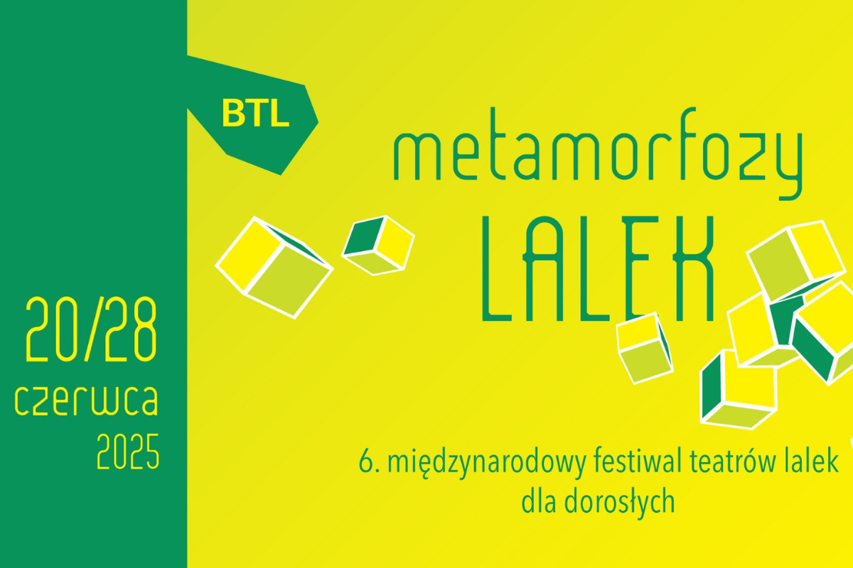 Zielona grafika festiwalu Metamorfozy lalek z motywem sześcianów.
