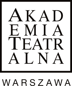 Logo akademii w Warszawie, czarne drukowane litery wpisane w kontur czarnego kwadratu tworzące napis akademia teatralna, pod kwadratem napis Warszawa.