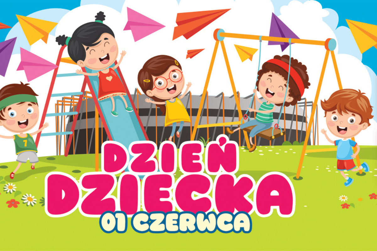 Grafika przedstawiająca roześmiane dzieci na placu zabaw. W tle budynek stadionu, na dole napis: Dzień Dziecka, 1 czerwca.
