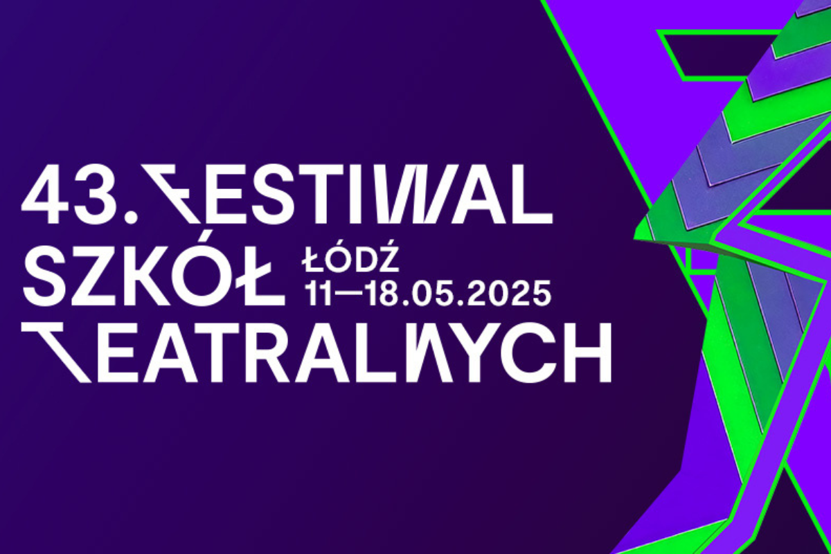Na fioletowym tle biały napis: 43. Festiwal Szkół Teatralnych, po prawej stronie fioletowo-zielony motyw graficzny.