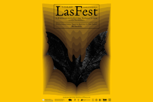 Plakat festiwalu: na żółtym tle czarny nietoperz, u góry nazwa LasFest.