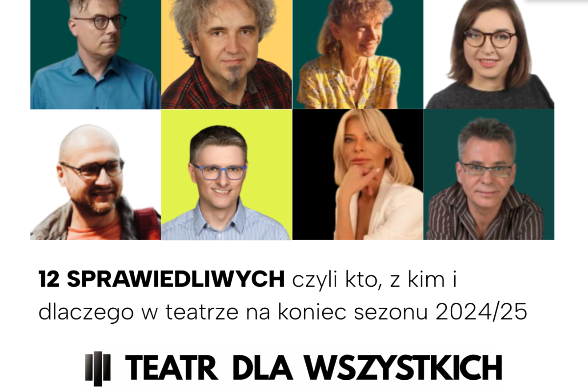 Tytułowy kadr ze strony portalu "Teatr dla Wszystkich" z podsumowaniem zawierający kolaż zdjęć portretowych recenzentów.