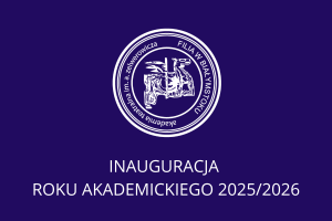Granatowa plansza z białym logotypem uczelni i napisem 