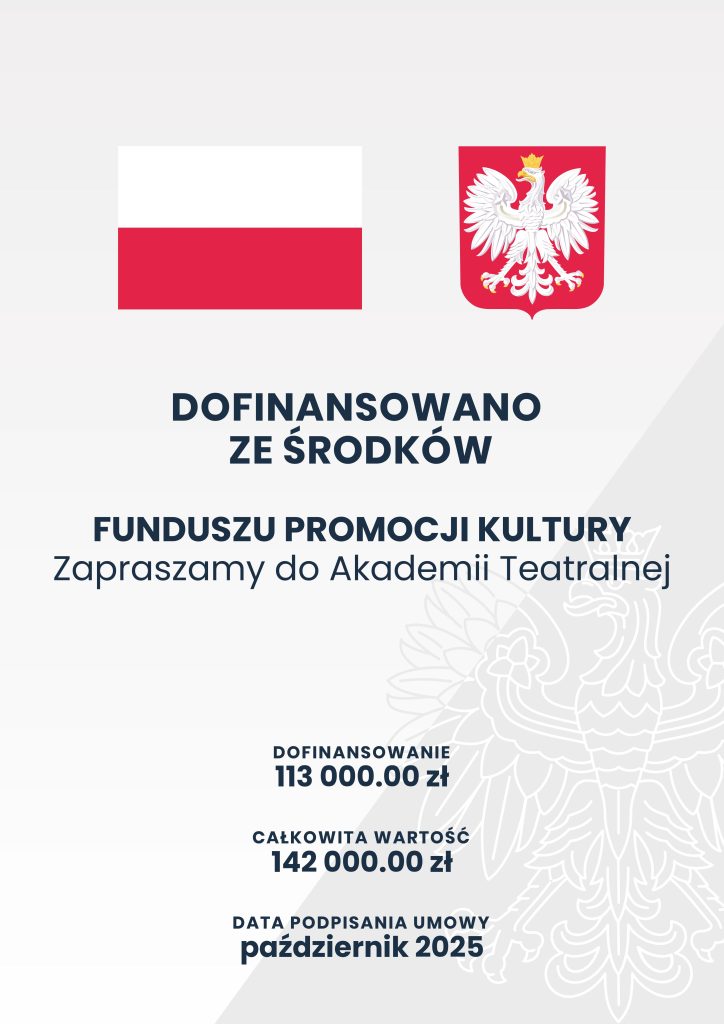 Plakat z flaga Polski i godłem informujący o dofinansowaniu projektu z Funduszu Promocji Kultury.