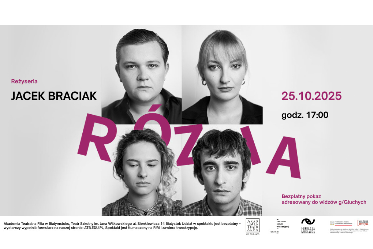 Grafika plakatowa spektaklu "Rózia": czarno-białe portrety czwórki studentów z obsady i różowy rozsypany tytuł spektaklu.