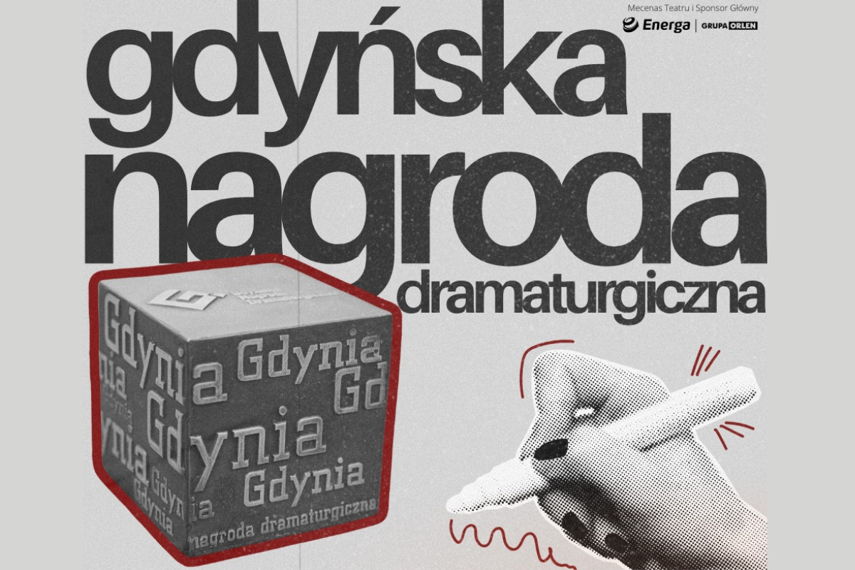 Grafika zawierająca zdjęcie statuetki Gdyńskiej Nagrody Dramaturgicznej.