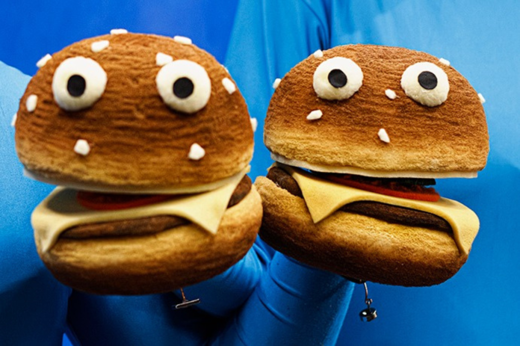 Dwie lalki hamburgerów z oczami.