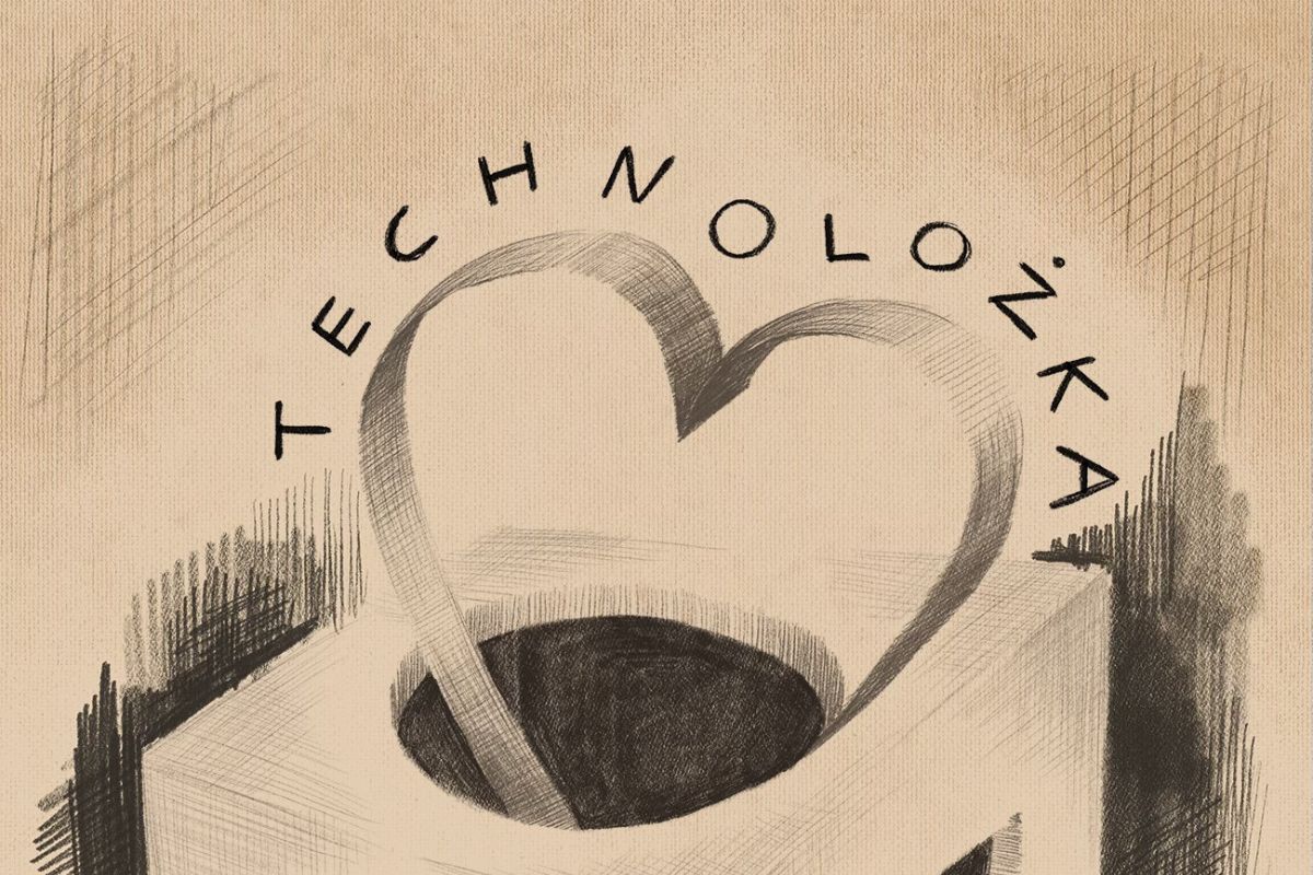 Fragment ręcznie wykonanej grafiki ołówkiem na kartce: wstęga w kształcie serca wystaje z pudełka, nad nią napis: technolożka.