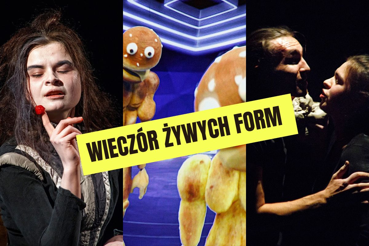 Kolaż zdjęć z trzech prezentowanych spektakli.