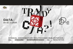 Grafika wydarzenia: czerwony prostopadłościan z kształtem wycinanki z przodu otoczony literami o różnych krojach tworzącymi napis: tradycja?!