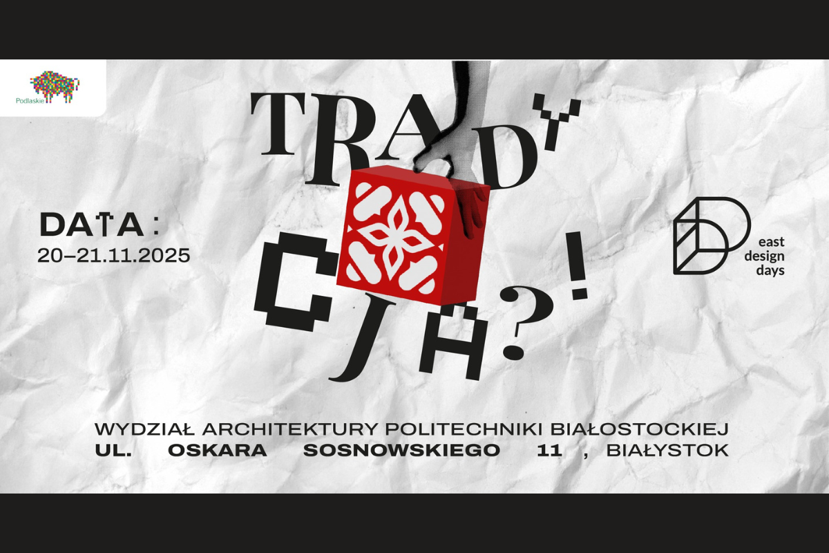 Grafika wydarzenia: czerwony prostopadłościan z kształtem wycinanki z przodu otoczony literami o różnych krojach tworzącymi napis: tradycja?!