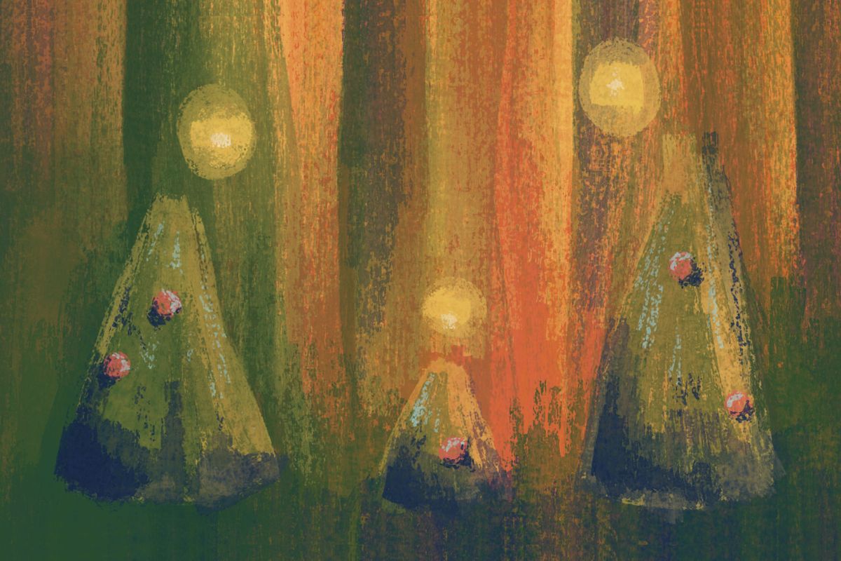 Pocztówka świąteczne: trzy bardzo schematyczne postacie wyglądające jak choinki - dwie dorosłe i jedno dziecko między nimi.