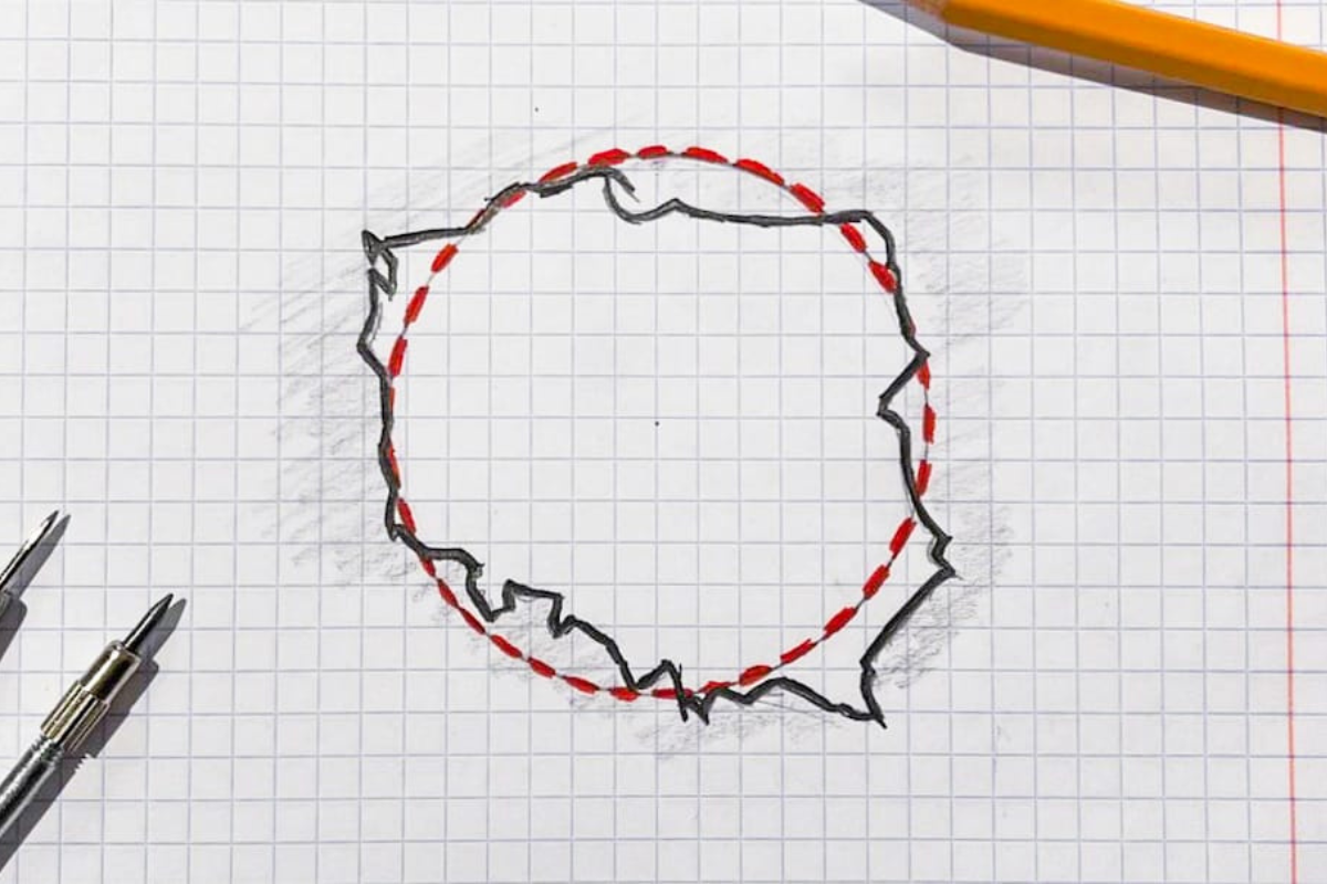 Na kartce w kratkę narysowany ołówkiem kontury Polski, w które wrysowany jest czerwony okrąg.