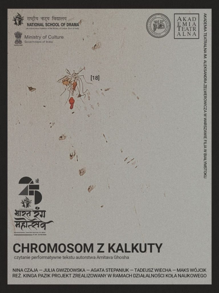 Plakat wydarzenia: martwy, rozczłonkowany komar z plamami krwi dookoła. Przy szczątkach komara liczba 18 w nawiasie kwadratowym. Wokół informacje o wydarzeniu. 