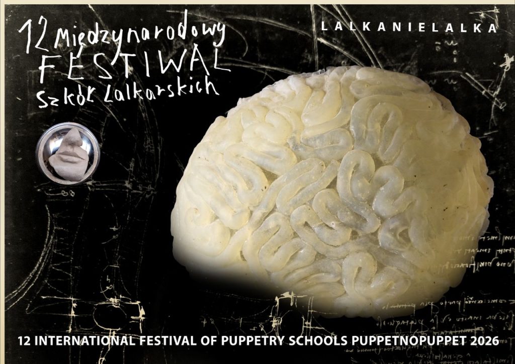 Grafika festiwalowa: na czarnym tle zdjęcie formy przypominającej mózg. W lewym górnym rogu nazwa festiwalu, w tle zarys rysunków Leaonarda da Vinci.