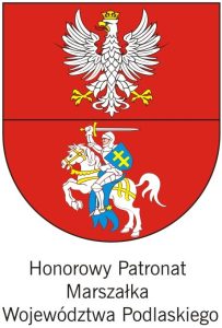 Herb Województwa Podlaskiego: Czerwona dwudzielna tarcza. W górnym polu figuruje biały orzeł ze złotymi: dziobem, łapami i koroną na głowie, w polu dolnym: rycerz na srebrnym koniu, w srebrnej zbroi i szyszaku ze srebrnym mieczem o złotej rękojeści wzniesionym w prawej ręce. Rycerz na lewym ramieniu trzyma błękitną tarczę z podwójnym złotym krzyżem na błękitnym polu. Ostroga rycerza i uprząż końska są złote, siodło i czaprak koński błękitne.