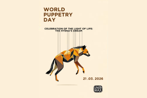 Grafika: hiena podwieszona na nitkach.