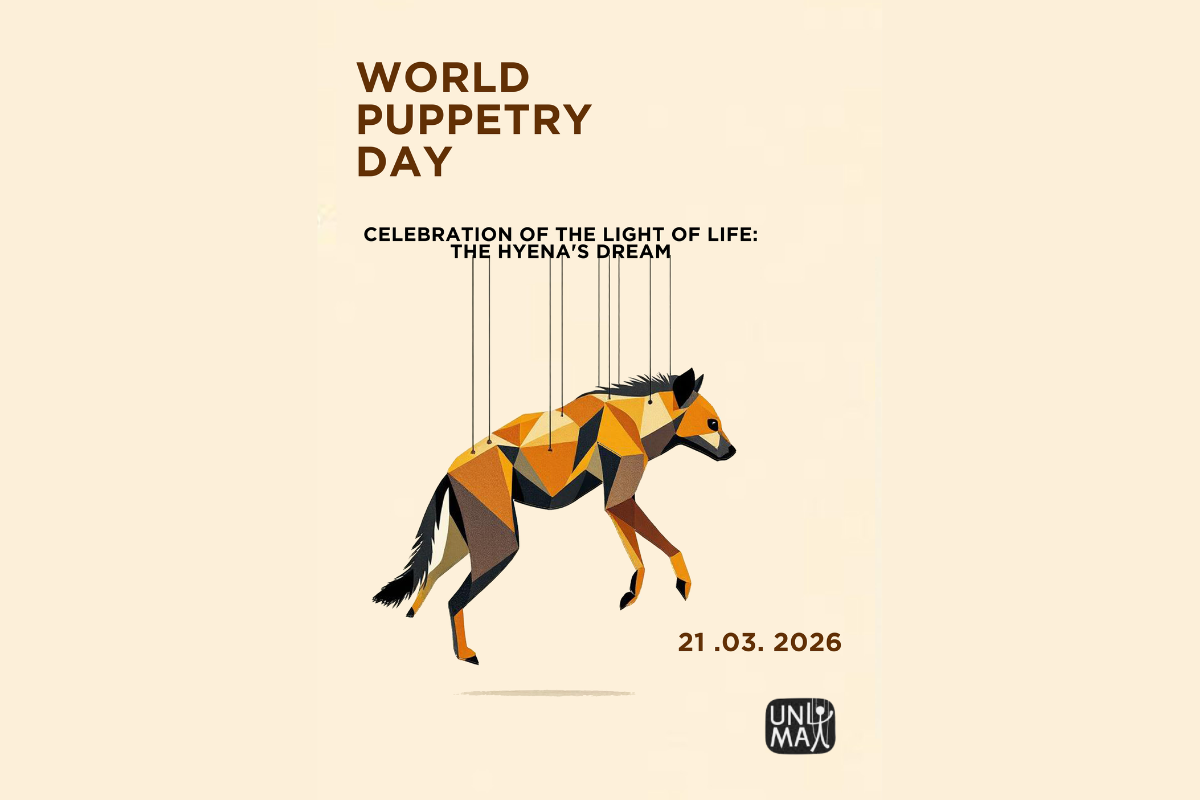 Grafika: hiena podwieszona na nitkach.