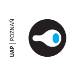 Logotyp Uniwersytety Artystycznego w Poznaniu: czarne koło, w które wpisany jest biało-niebieski kształt przypominający gałkę oczną widzianą z boku. 