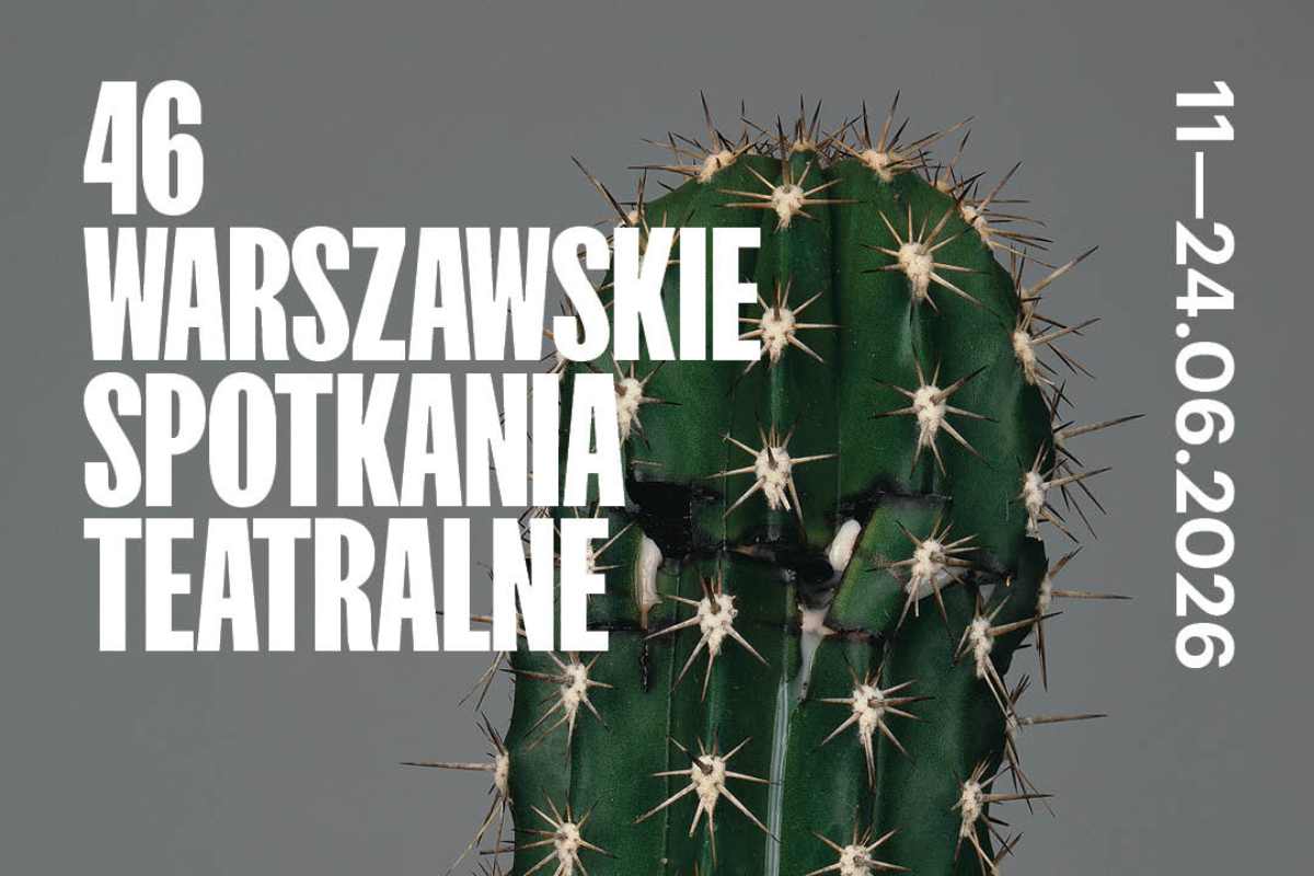 Grafika Warszawskich Spotkań Teatralnych: zielony kaktus na szarym tle i nazwa przeglądu.